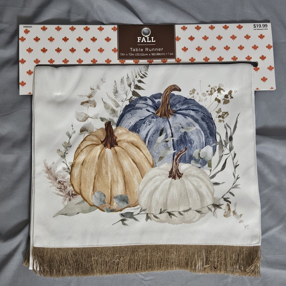 Fall Table Runner Pumpkin Print Fringe‎ 13x72 Farmhouse Autumn Decor